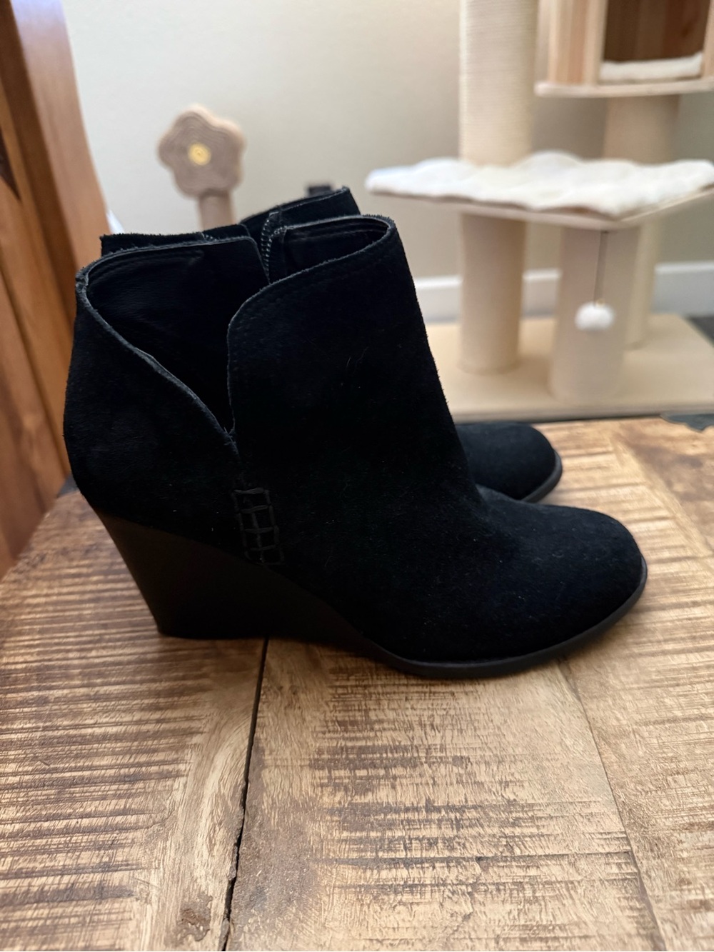 Lucky Brand, Black Suede Wedge Ankle Boot - Women's Fashion Bootie